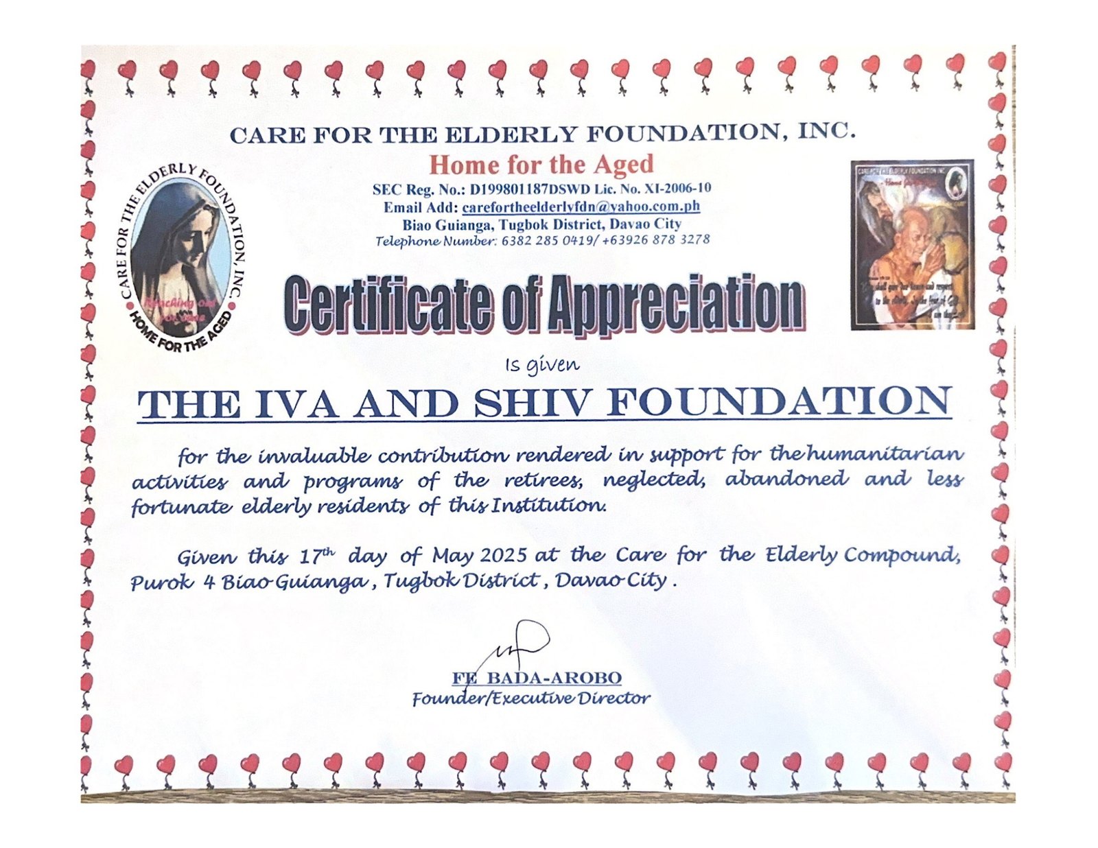 Certificate of Appreciation given to The Iva and Shiv Foundation by the Care for the Elderly Foundation, Inc., a Home for the Aged in Tugbok District, Davao City, dated 17 May 2025